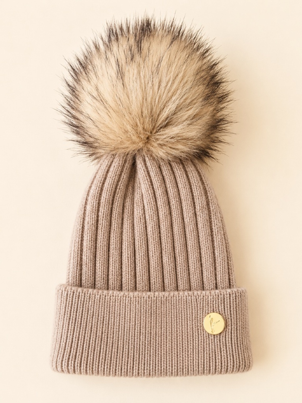 Hortons England Cashmere Wool Ribbed Knit Beanie Faux Fur Pompom Beige One Size‎